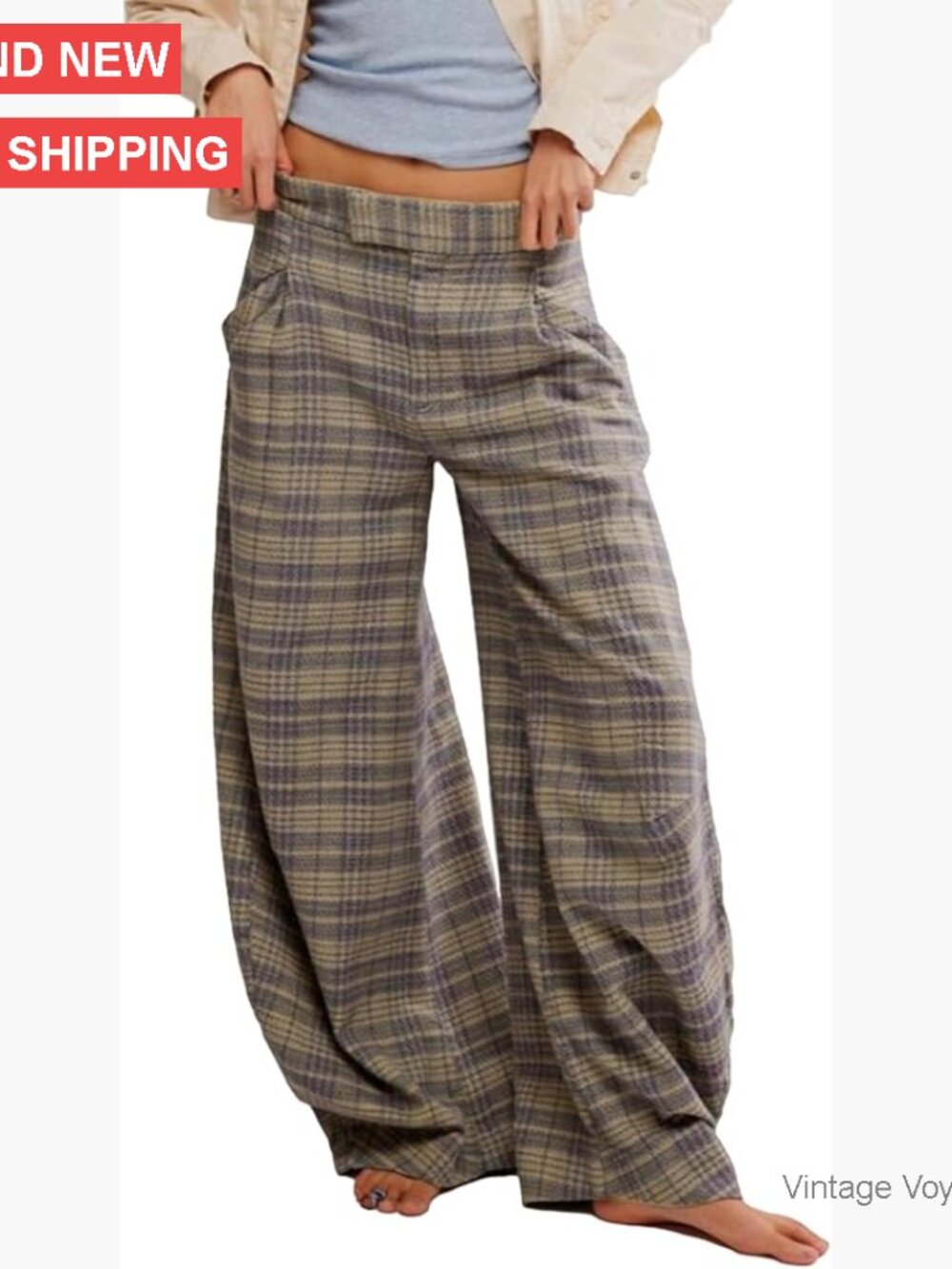 Vintage Tartan Plaid Wide Leg Pants High Waisted Casual Work Slacks